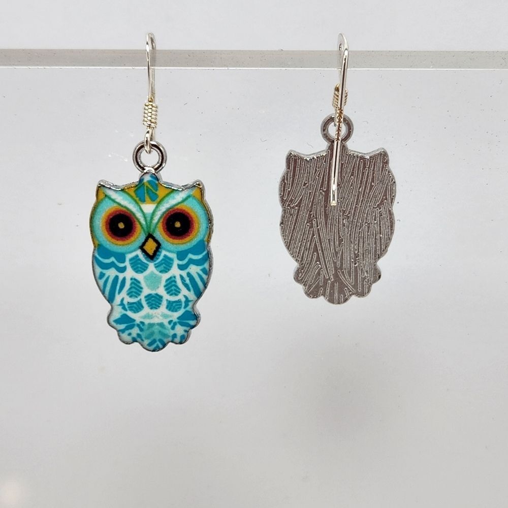 Owl Earrings Blue Owl Charm Drop on Sterling Silver French Earwires New - Picture 2 of 6